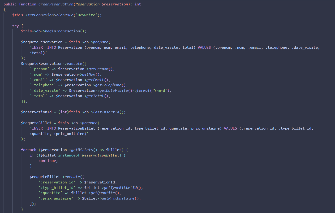 Code PHP création réservation