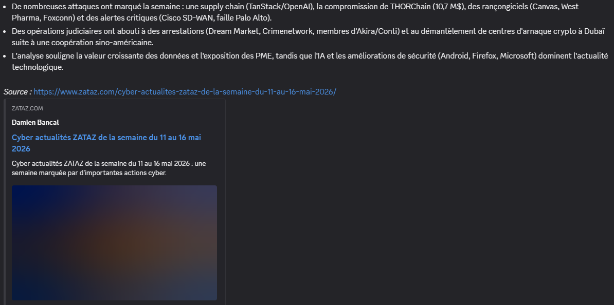 Processus d'automatisation de la veille cyber via le Bot Discord
